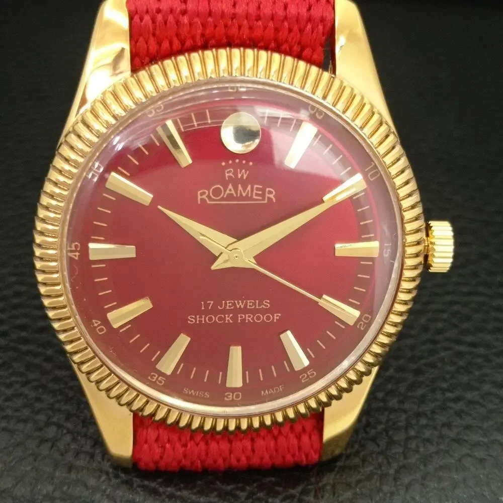 Vintage 1977 Roamer Manual Mens Gold Watch W/Nato Strap & Red accents